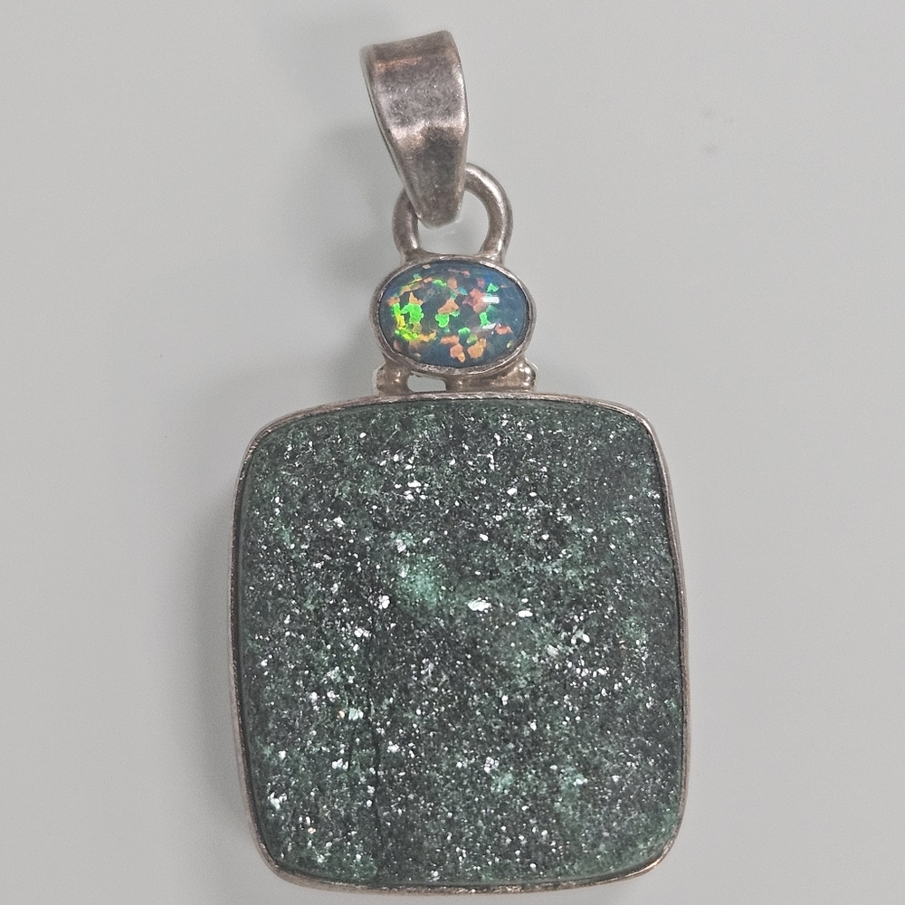 Malachite Druzy & Opal Sterling Silver Natural Stone 925 Pendant